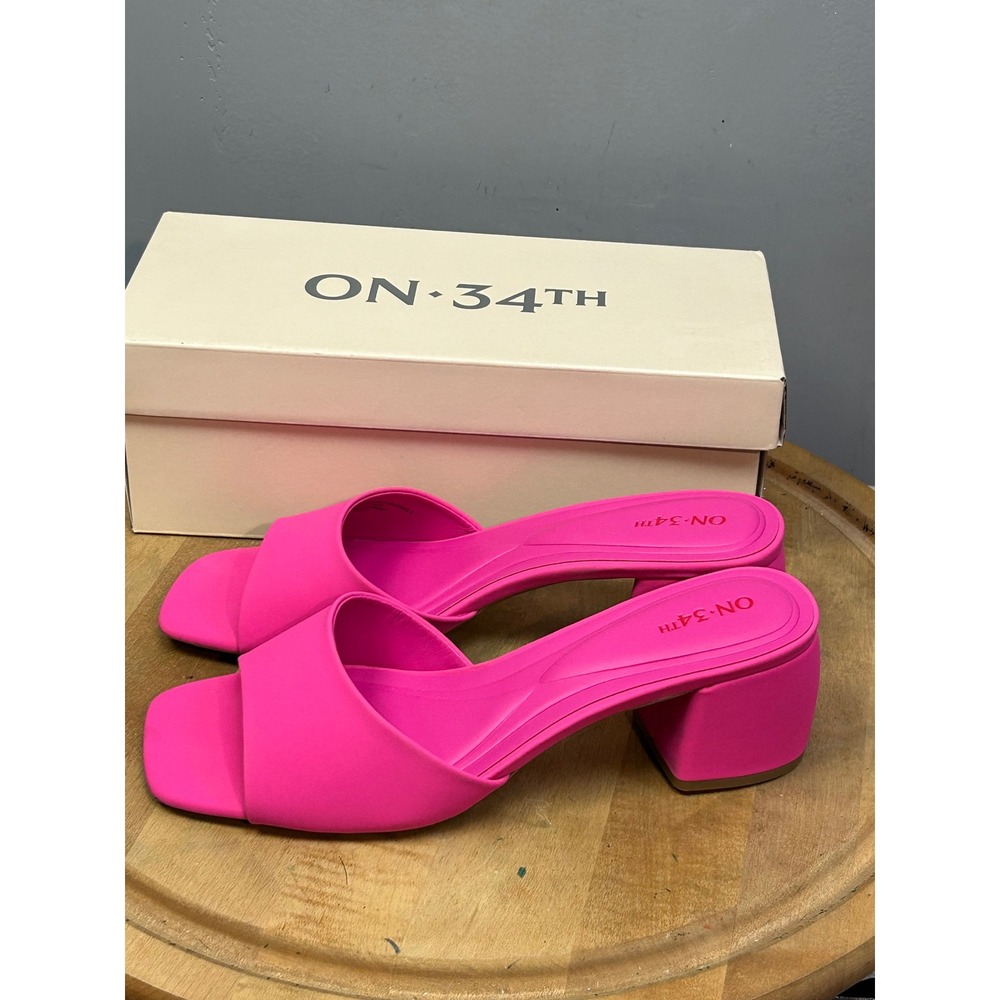 On 34th Heel Sandals Womens 11 Fuchsia Gabbiep Block Heel Slide Square Toe Pink - Picture 3 of 10